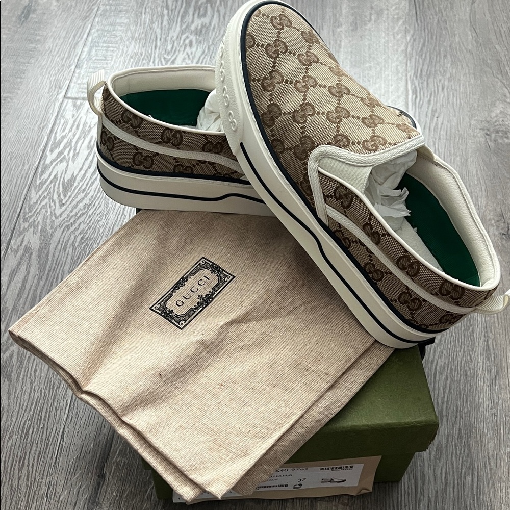 Gucci Beige and Brown Slip-On Sneakers